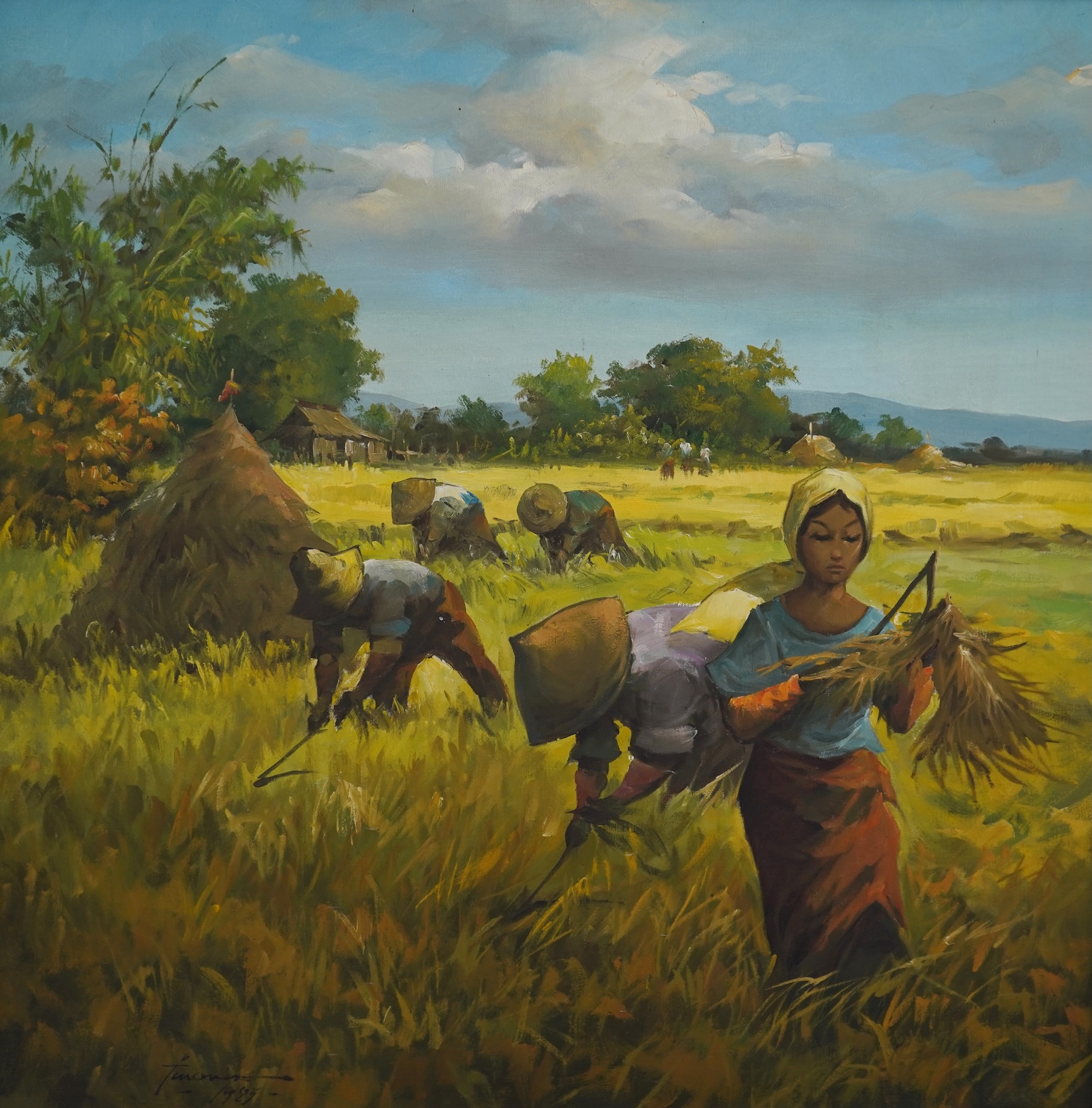Far Eastern School, 20th century, Harvest scene with figures, signed and dated 1987, oil on canvas, 90 x 90cm